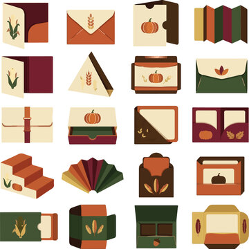 Autumn stationery set with 20 paper mockups, fall themed envelopes and cards, harvest season packaging collection in earth tones isolated on White Background Halloween,Editable Eps