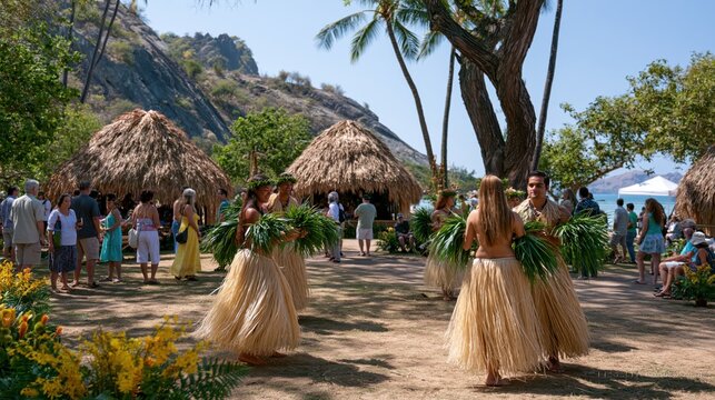 Polynesian dancers in grass skirts performing a traditional ceremony amidst thatched huts and tropical foliage under bright sunlight