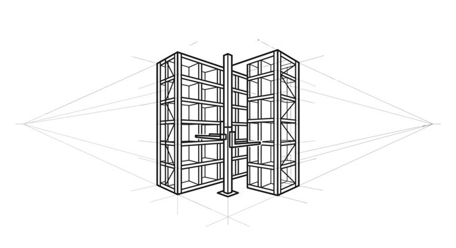 Two sections of an industrial shelving unit in a two-point perspective sketch highlight modular design for efficient warehouse organization and storage.