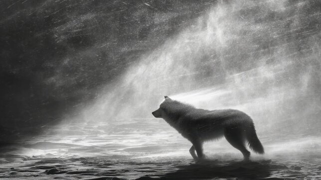 A lone wolf walks through a snowy, windswept wilderness, its silhouette stark against the stormy elements.
