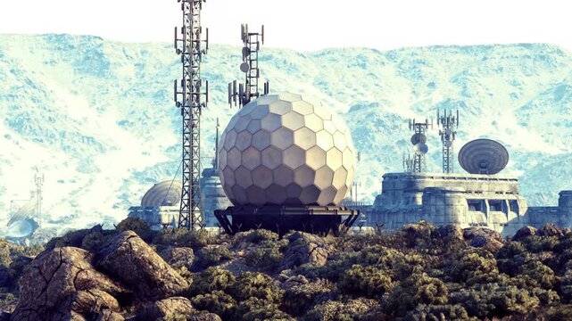 Radome and antenna towers on hillside, remote telecom outpost supporting satellite links and signal monitoring, late afternoon sunlight illuminates geodesic