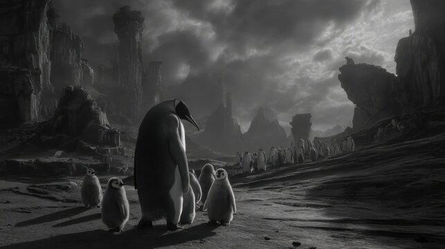 A regal king penguin matriarch guides her young offspring across a dramatic, cloudy antarctic landscape
