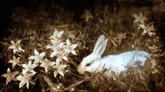 A white rabbit silhouette illuminated by soft moonbeams amidst enchanting night flora