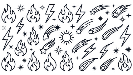 Black and white weather icon set with lightning flames and stars. © RUHUL