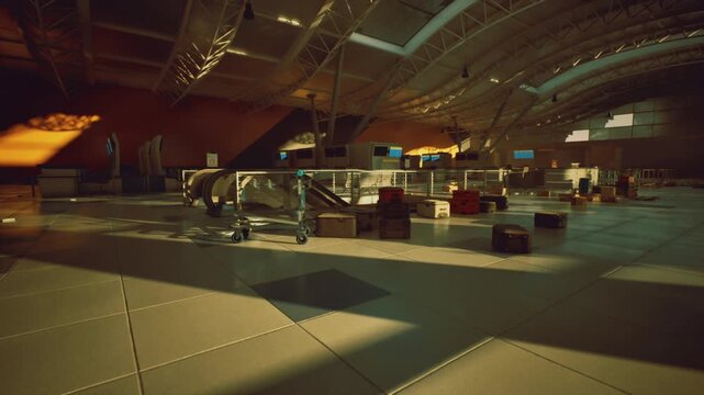 Empty industrial hangar at dusk, pallets and crates staged across concrete floor, scattered equipment and forklifts idle, amber overhead lighting casting long