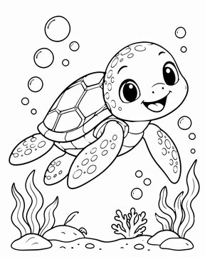 Cute cartoon baby sea turtle swimming with bubbles in the ocean for coloring page