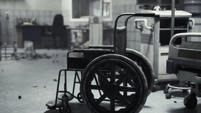 Vacant hospital emergency bay with dim lighting and unused equipment. Deserted medical emergency zone featuring wheelchair and unlit diagnostic devices
