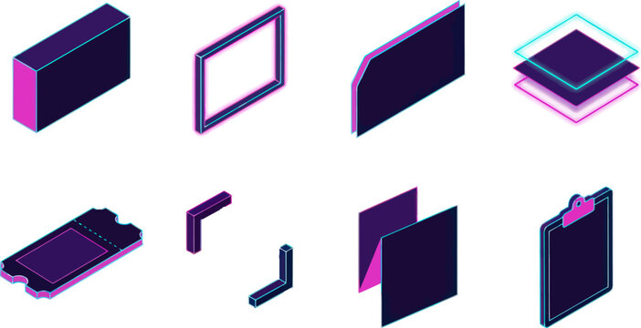 Futuristic Neon Isometric UI Icons Set for Digital Interface Design