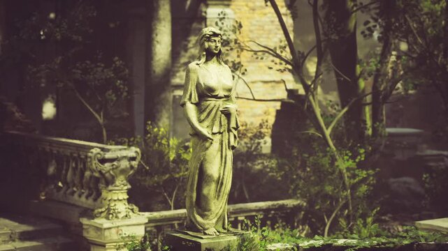 weathered statue beside ivy covered railing at twilight, softened dusky light filters through dense foliage, mossy stairs and cracked balustrade, cinematic
