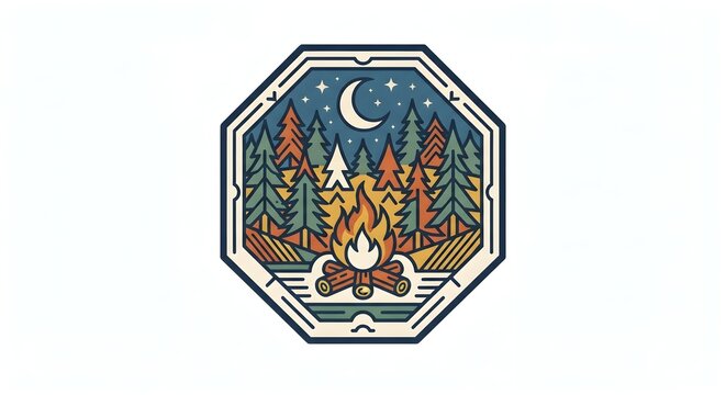 Campfire in a pine forest under a crescent moonlit night sky inside an octagonal frame, vintage outdoor adventure badge illustration.