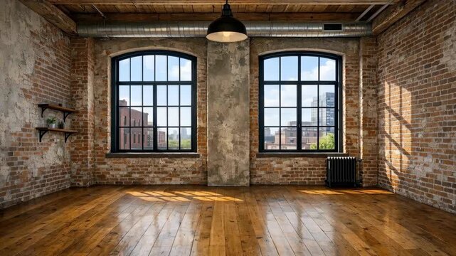 Sunlit Industrial Loft with Brick Walls and Arched Windows