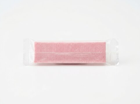 Pink chewing gum stick wrapped in clear plastic packaging