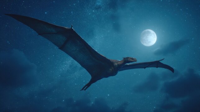 Ancient Pterodactyl Soars Through Starry Night Sky Illuminated by Full Moon