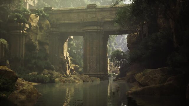 Overgrown stone gateway above slow river, carved lintels peeking through dense foliage, sunbeams slicing through canopy, calm reflective water mirroring