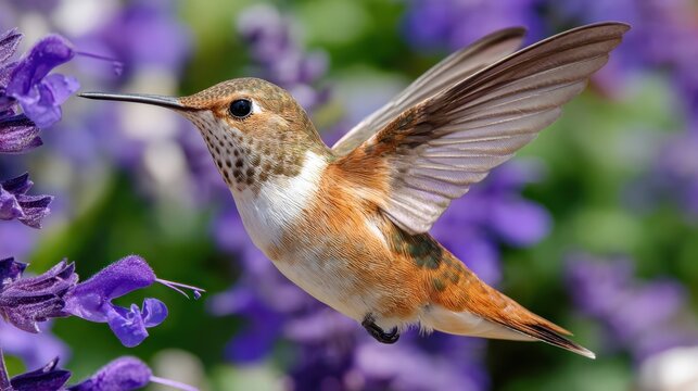Broad-tailed hummingbird captured mid-flight, wings extended in stunning detail against a soft floral background.