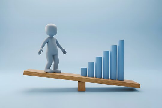 A 3d render of a stylized blue character standing on a wooden seesaw balanced against a rising bar chart, illustrating the concept of financial stability and planning.