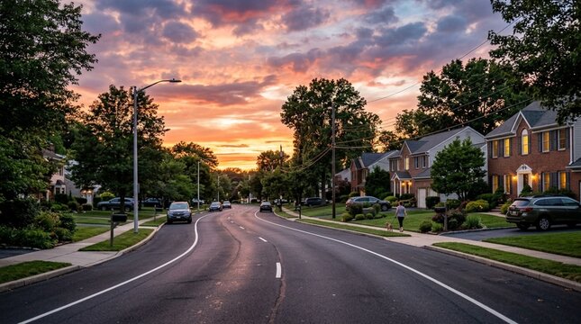 Suburban street at sunset, twilight sky, residential neighborhood, cars on road