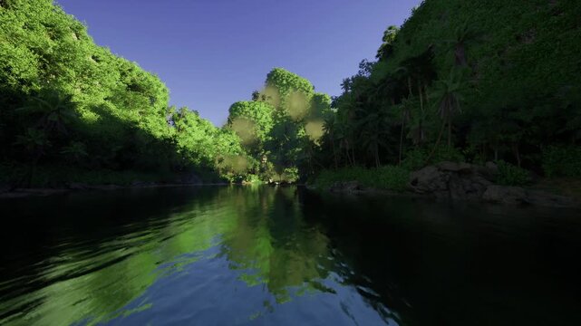 Calm tropical river reflecting lush canopy, morning sunlight filters through dense green foliage over glassy water, distant mountain silhouette on horizon,
