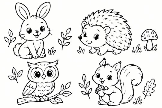 Cute hand drawn forest animals sketch set with rabbit hedgehog owl and squirrel
