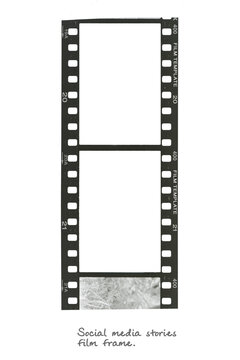 Retro vertical 35mm photographic film negative strip close up isolated on white background.Image space.