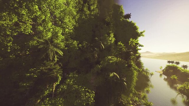 golden hour rainforest slope drenched in warm light, leaves glowing like jewels, river winding through scattered islets, feelings of warmth, vitality,