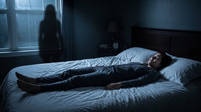Terrified woman lying paralyzed in bed at night seeing shadowy figure silhouette by window depicting sleep paralysis nightmare and panic