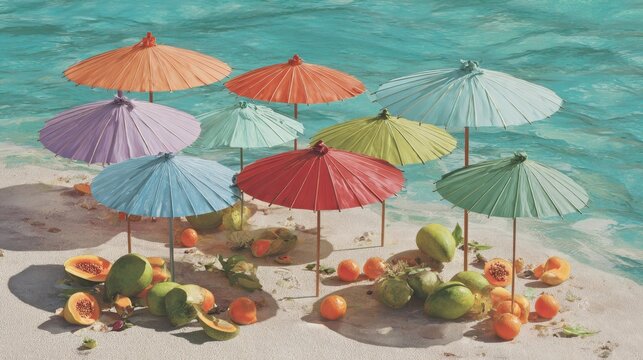 Collection of brightly colored paper parasols and tropical fruits on a sunny beach setting beside the ocean