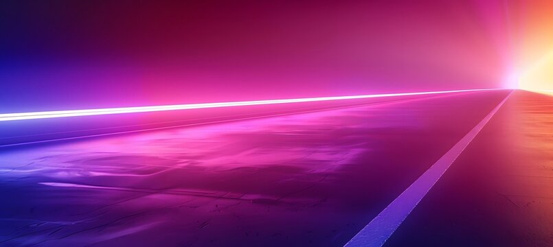 Glowing neon road surface illuminated by vibrant ultraviolet light rays creating a cinematic perspective with highly polished reflective dark textures