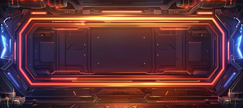 Futuristic rectangular frame featuring vibrant orange neon lighting and dark metallic textures for modern sci-fi game interface design elements backdrop