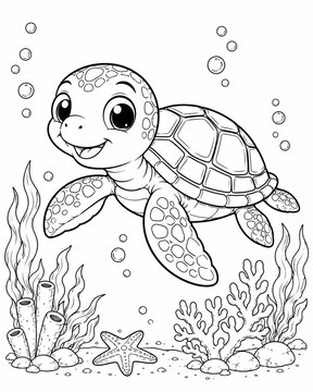 Cute little baby sea turtle swimming underwater in the ocean for kids coloring page