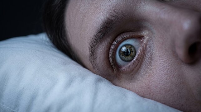 Extreme close-up of wide terrified eye of person lying awake in dark bed representing sleep paralysis fear and nightmare horror