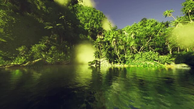 Shimmering secluded cove with young mangrove stands, gentle water movement, warm early light and inviting tranquil mood for nature retreats