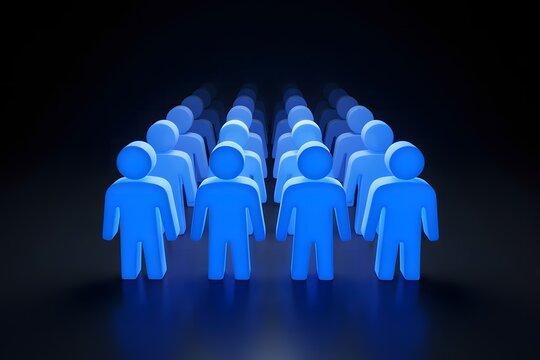 A 3d render of a group of stylized blue human figures arranged in a neat grid formation against a dark background, representing teamwork, unity, and corporate culture.