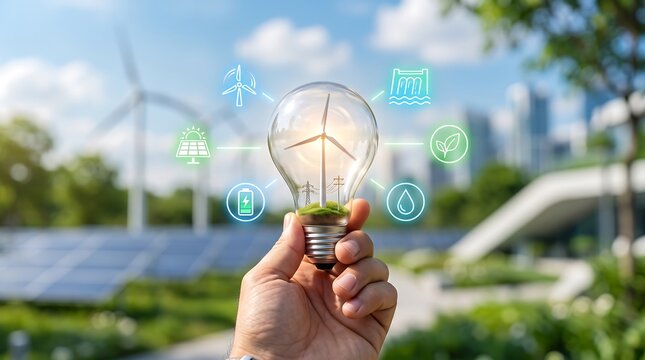 Sustainable energy concept with wind turbines and solar panels in the background, a light bulb held in hand symbolizing innovation and green technology