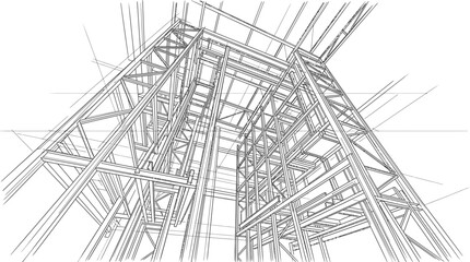 Fototapeta premium Industrial structural framework sketch features a complex arrangement of interconnected beams and columns, suggesting an intricate architectural design or engineering blueprint.