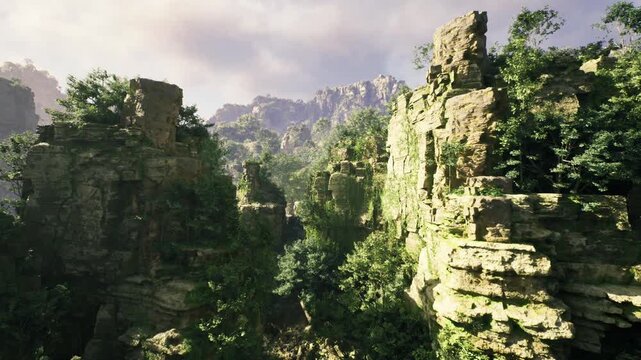 Golden sandstone amphitheater bathed in light, stratified cliffs with pockets of vegetation and warm tones, long shadows sculpting dramatic geological forms,