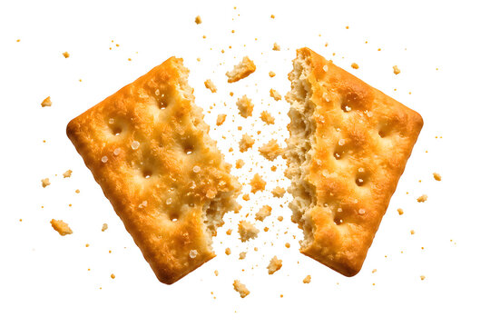 Cracker Snapping in Half with Flying Crumbs on Transparent PNG