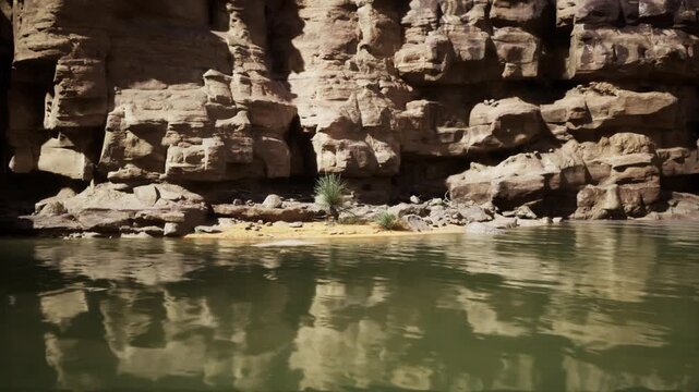 Green river reflecting sandstone canyon walls, quiet sunlit shoreline and calm water mirror, remote colorado riverside scene with layered cliffs and subtle
