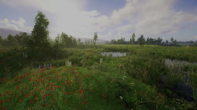 Sunlit riverside meadow dotted with poppies, calm shallow stream winding through tall grasses swaying in warm breeze, reflective water pools catching cloud