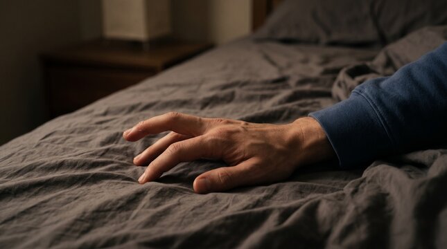Close-up of person hand lying on dark bedsheets trying to move twitching finger symbolizing paralysis recovery or sleep paralysis awakening