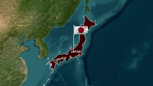 Japan national flag waving over mapped country territory animation video footage