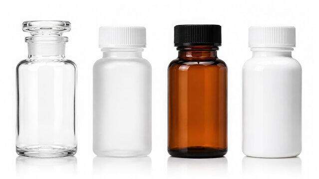 Collection of empty pharmaceutical and supplement bottles for packaging