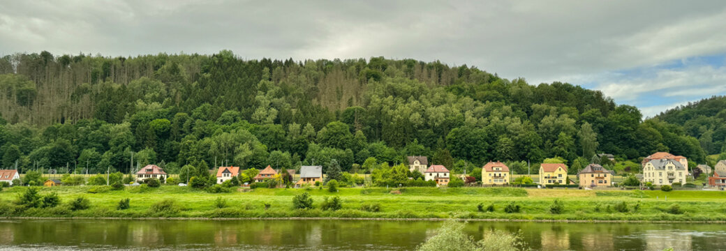 Landscape of houses along the river bank in Dresden, Germany