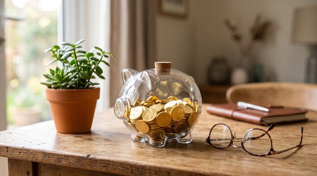 Clear glass piggy bank filled with shiny gold coins on wooden table representing successful investment financial growth and wealth management