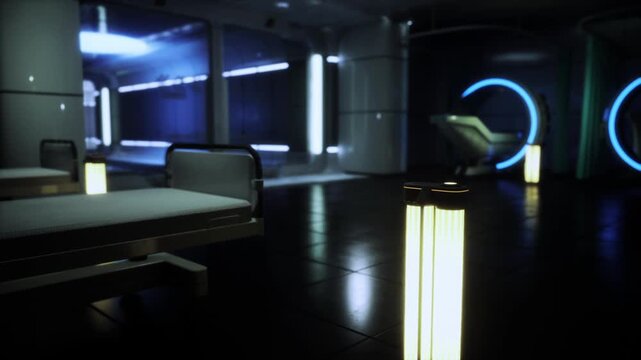 Lowlit recovery bay with glowing rings, empty bed in foreground and distant silhouetted figure near circular portal, stark reflections on polished floor, blue