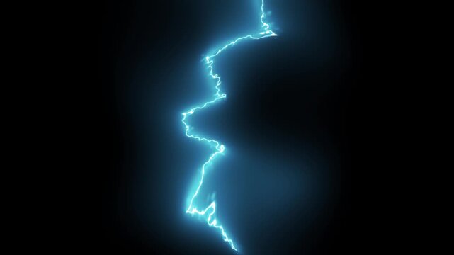 Flash FX blue lightning strike animation with energy effects FX, powerful electric thunder burst with glowing plasma arcs, hand drawn 2D cartoon energy sparks and storm effects on black background, 4K
