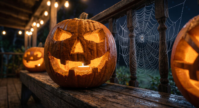 Lit jack o lantern pumpkins with spider web on wooden porch railing during dark night fall.