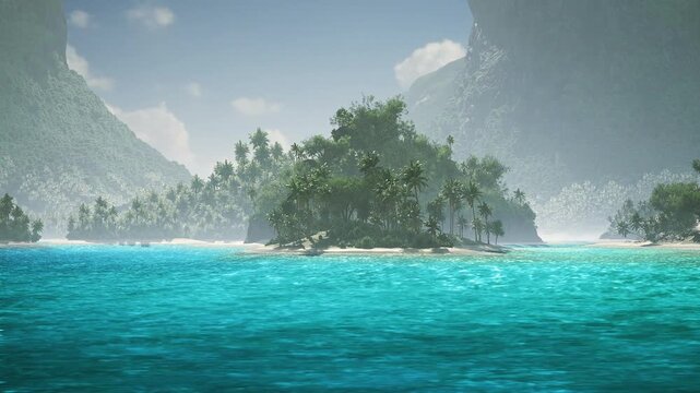 Misty maldives bay at gentle sunrise, pastel sky and soft light over calm water, silhouettes of karst islets and distant palms, tranquil morning atmosphere