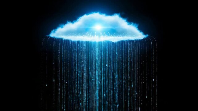 Digital cloud computing concept with data rain falling from glowing blue cloud
