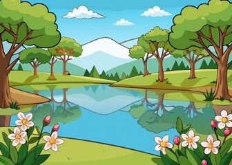 Obraz premium Vibrant Nature Scene with Flowering Trees and Reflective Lake